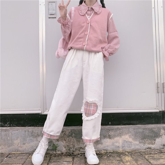Pants - Teen Girls Love Heart Patch Loose Students Pants